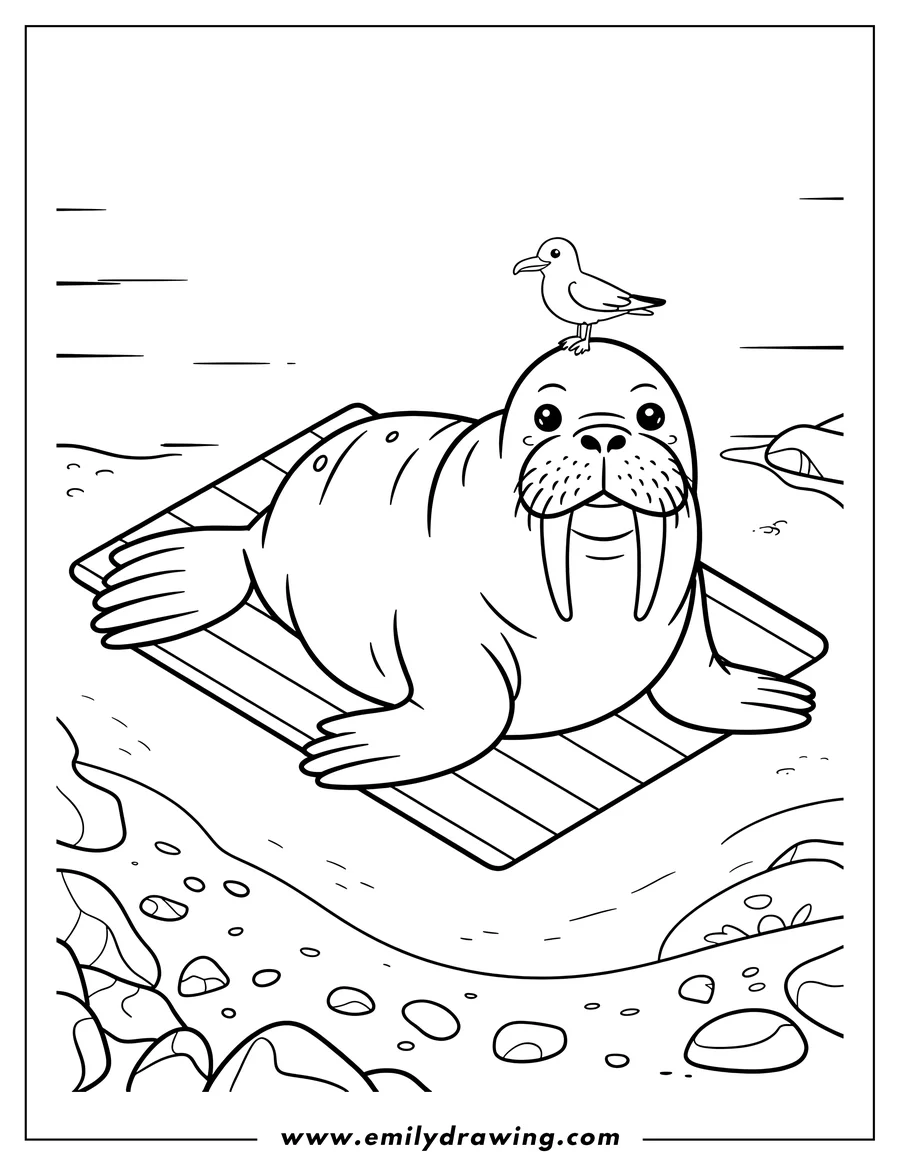 Outline of a walrus resting on a striped raft with a seagull perched on its head, near a rocky shore.