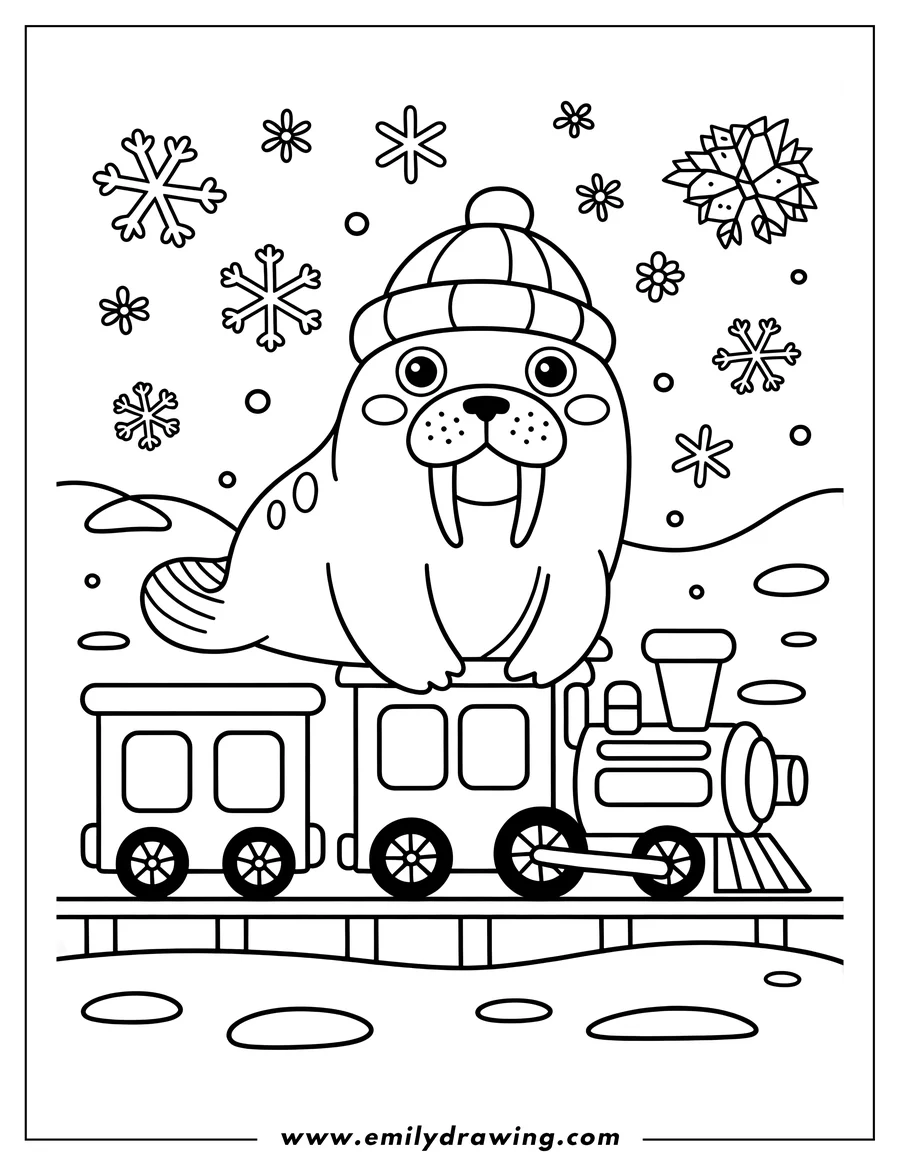 Outline of a walrus wearing a winter hat, sitting on top of a train. Snowflakes and a snowy landscape are visible in the background.