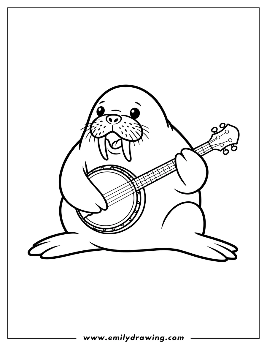 Line art of a walrus playing a banjo. It is sitting and holding the banjo.