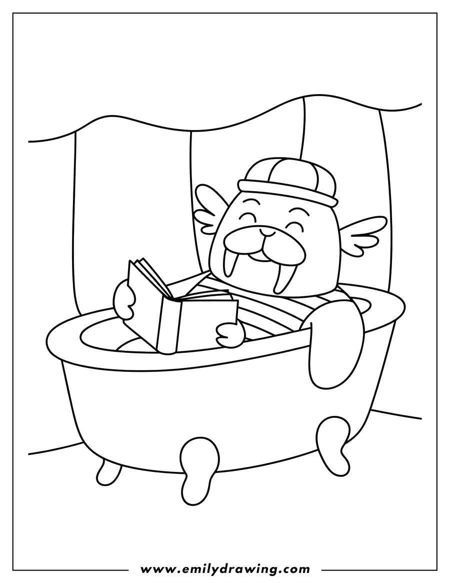 Line art of a walrus wearing a swim cap, relaxing in a bathtub while reading a book.