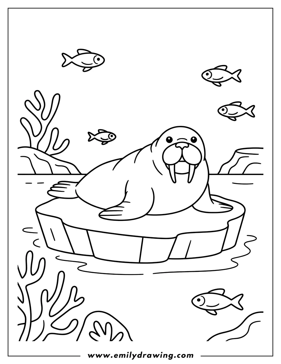 Outline of a walrus resting on an ice floe with fish and seaweed nearby.