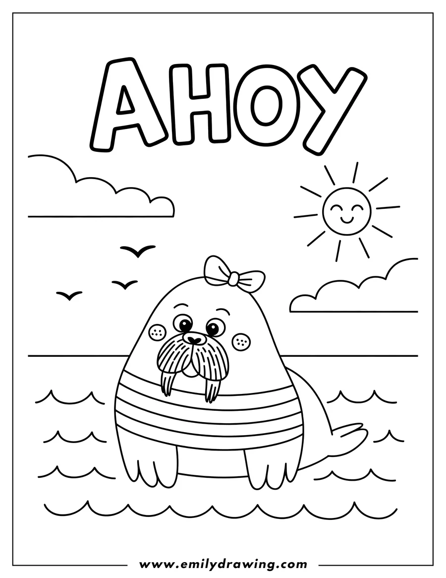 Outline of a walrus wearing a striped swimsuit, standing in the ocean with a smiling sun and birds in the sky.