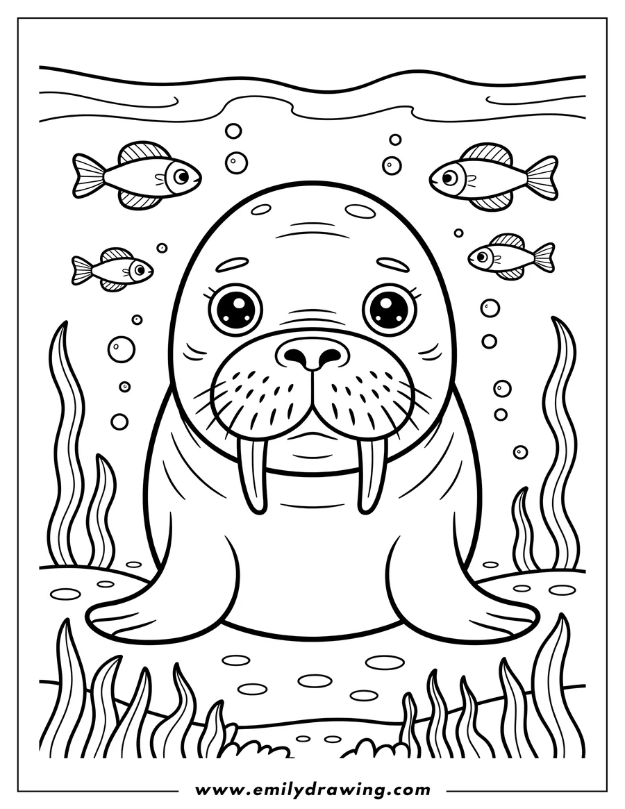 Outline of a walrus underwater, surrounded by small fish and seaweed.