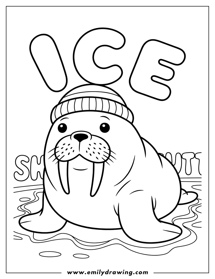 Line art of a walrus wearing a striped beanie hat, standing on ice.