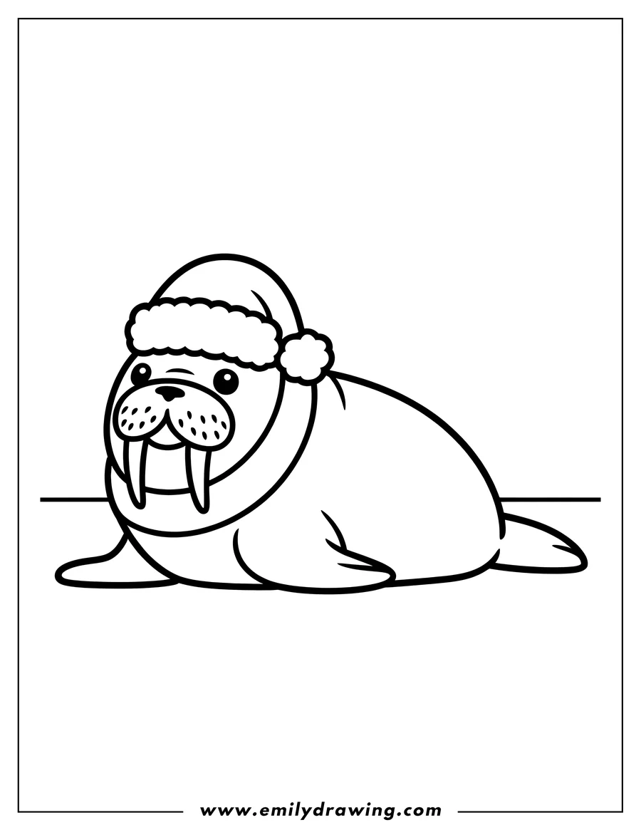 Outline of a walrus wearing a Santa hat.