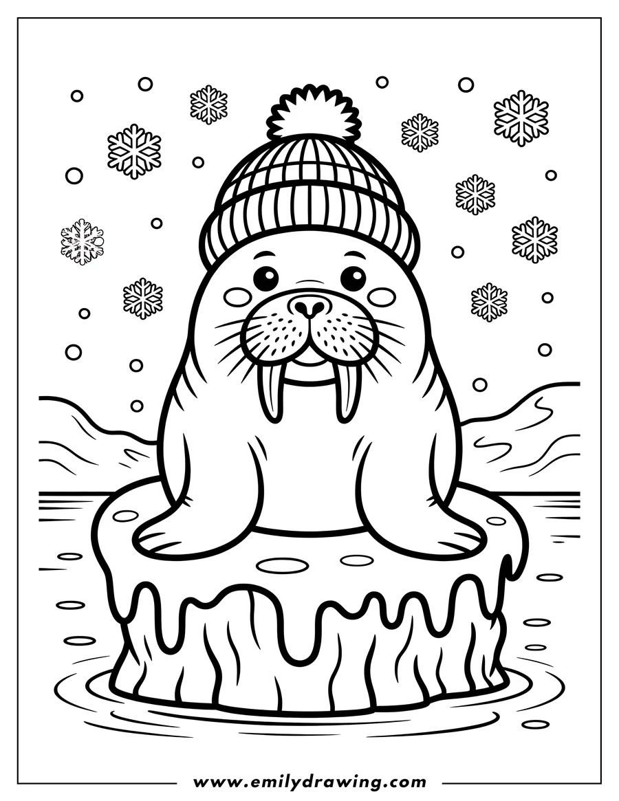 Line art of a walrus wearing a winter hat with a pompom, sitting on a melting ice floe. Snowflakes fall around the walrus.