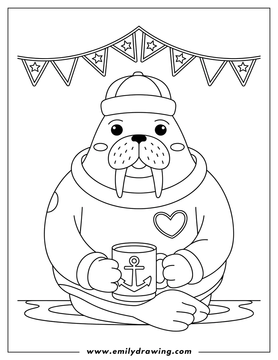 Outline of a walrus wearing a sailor hat and sweater, holding a mug with an anchor design. Bunting hangs overhead.