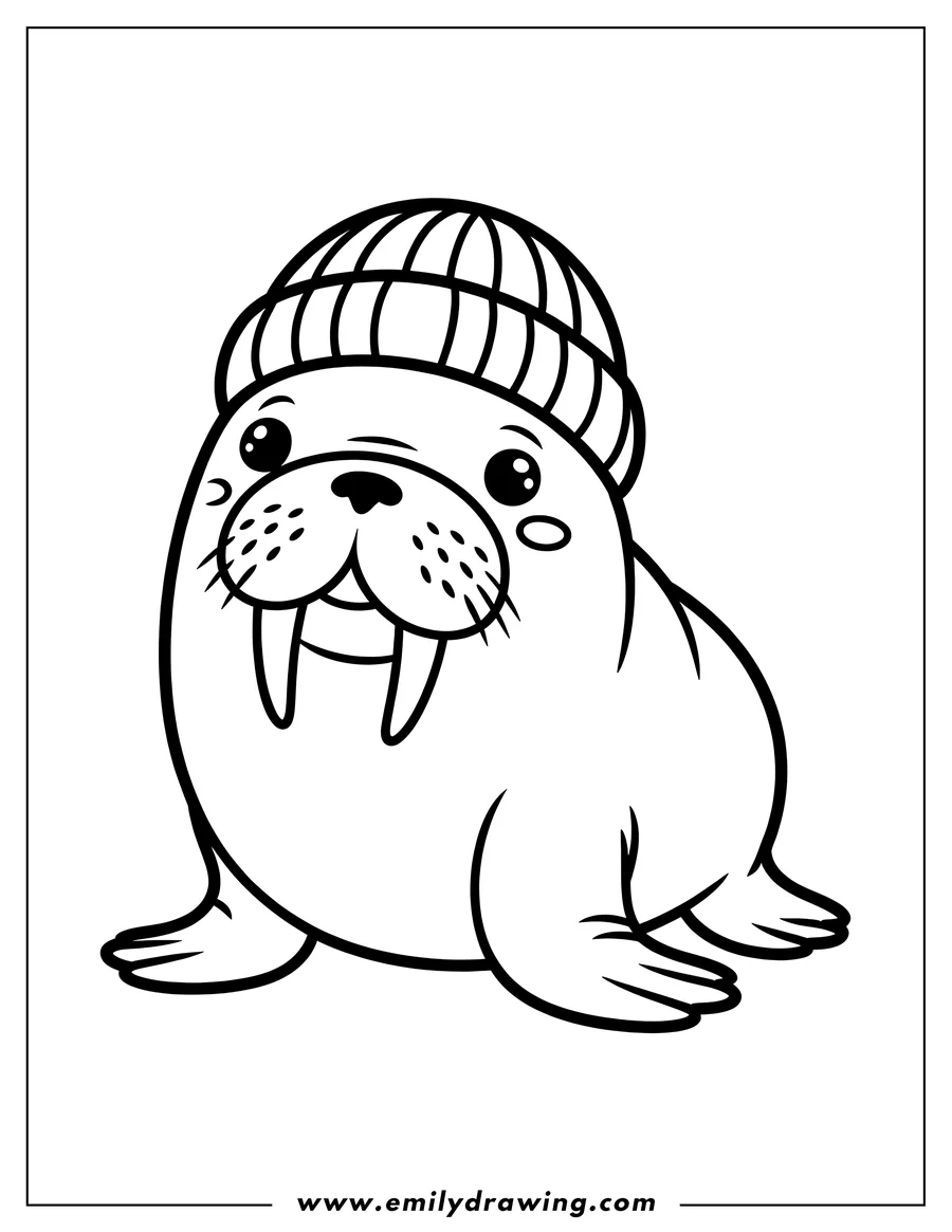 Line art of a walrus wearing a knit beanie hat.