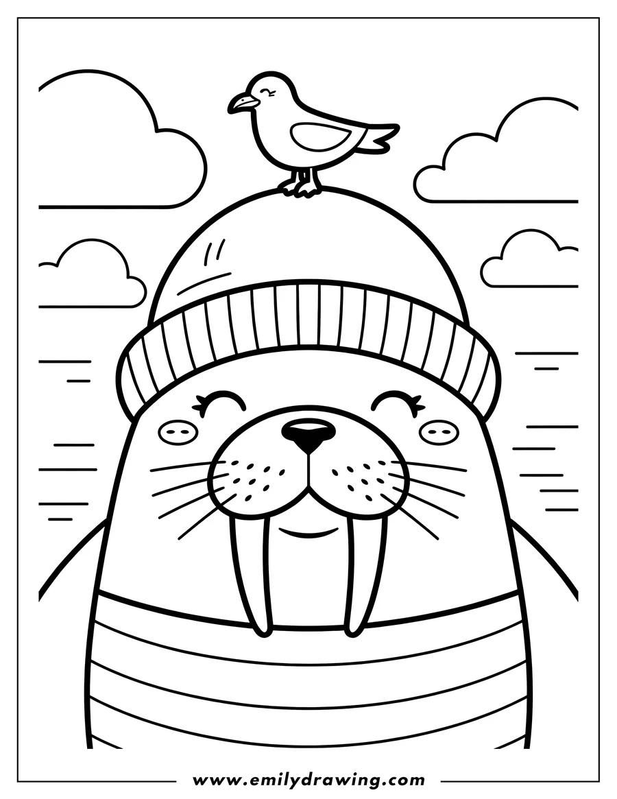 Outline of a walrus wearing a striped shirt and a beanie with a small bird perched on top. Simple line art style ideal for coloring.
