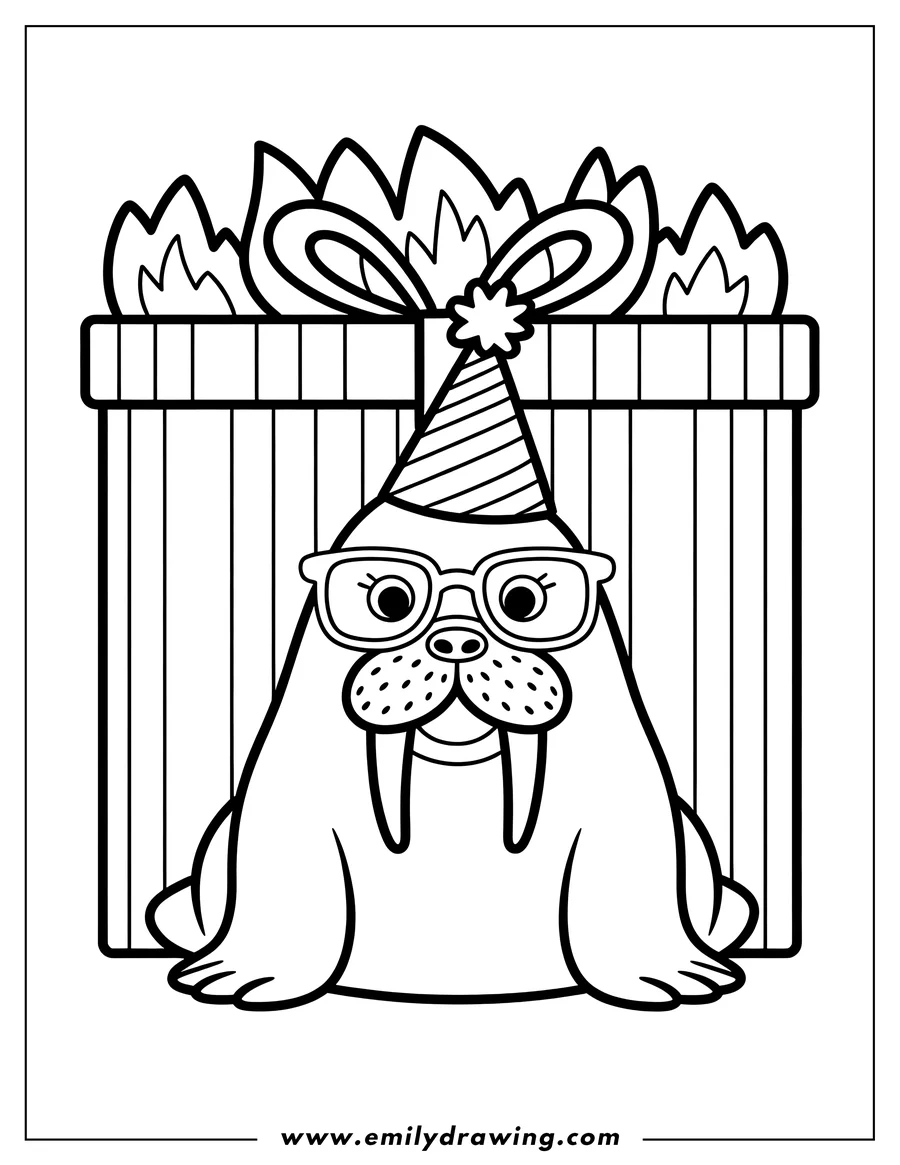 Line art of a walrus wearing glasses and a party hat, sitting in front of a large wrapped present.