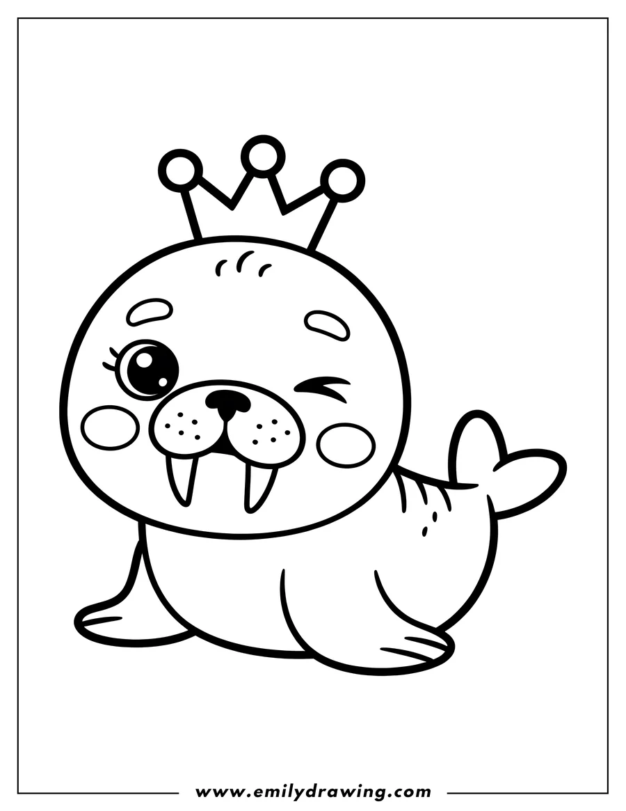 Outline of a walrus wearing a crown and winking.
