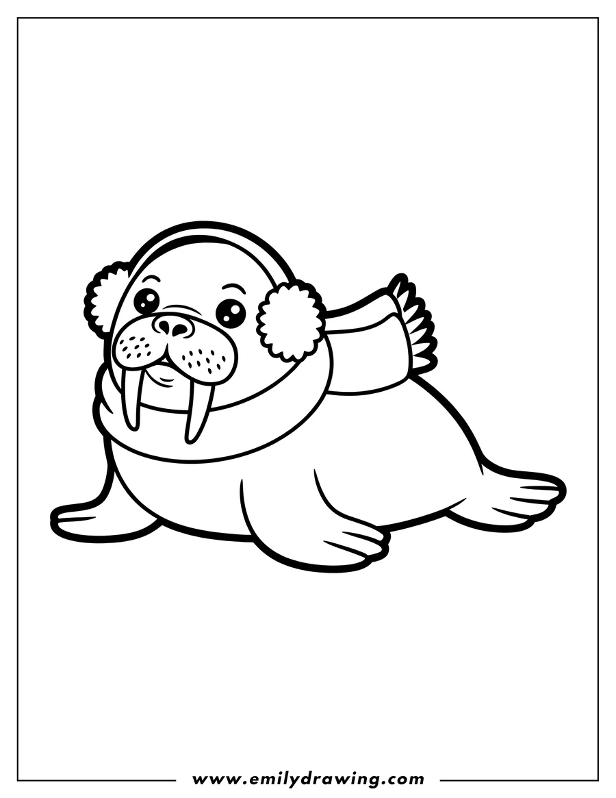 Line art of a walrus wearing earmuffs and a scarf.