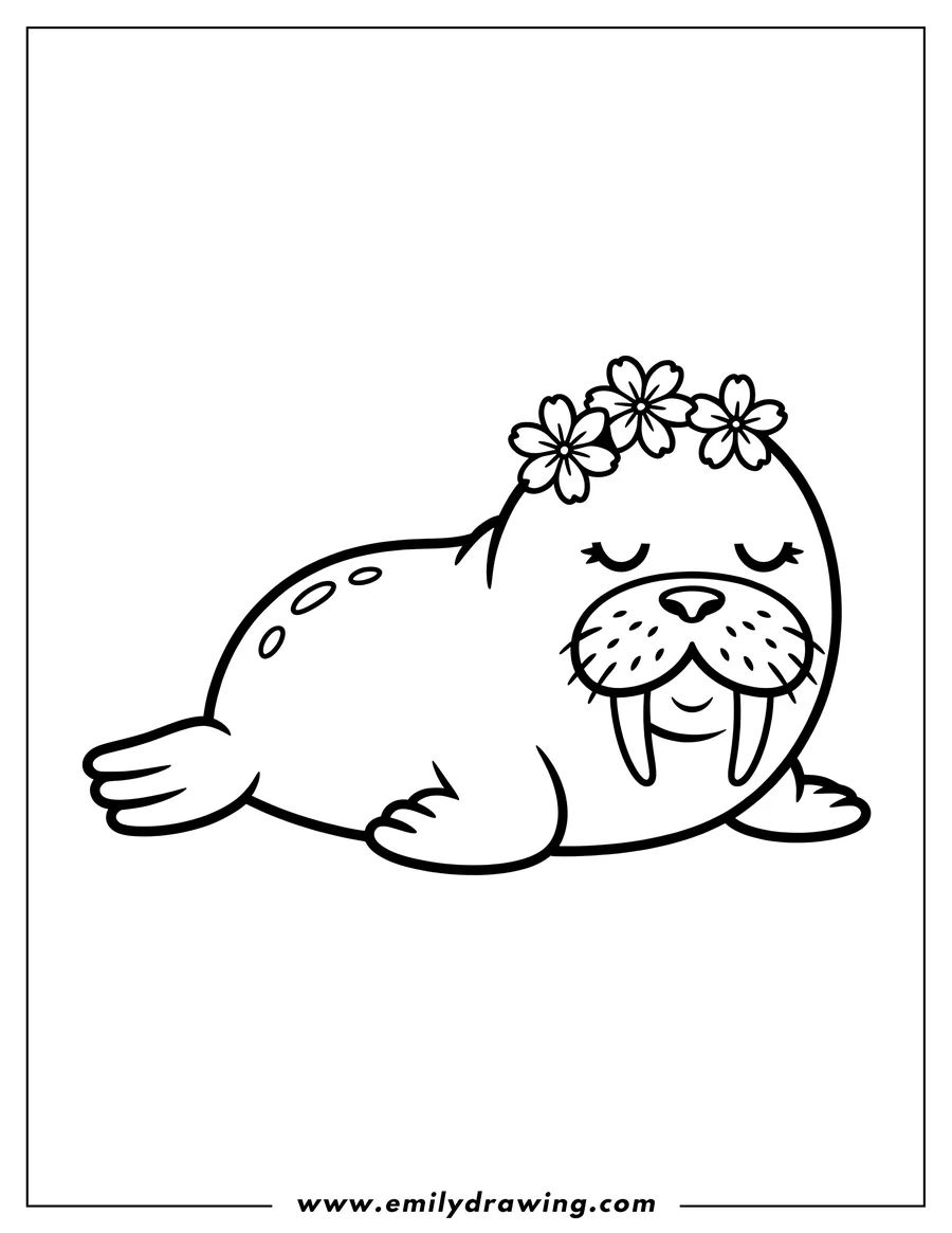 Outline of a walrus with a crown of three flowers resting peacefully.