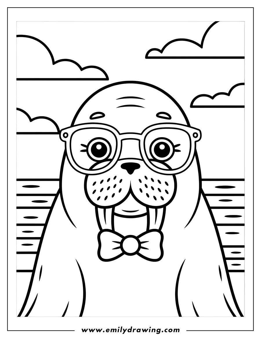 Outline of a walrus wearing glasses and a bow tie, with a beach and clouds in the background.