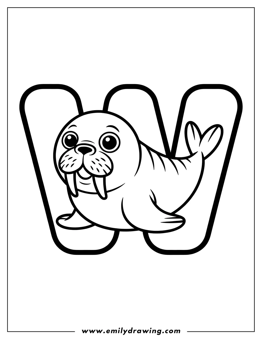 Line art of a walrus inside the letter W.