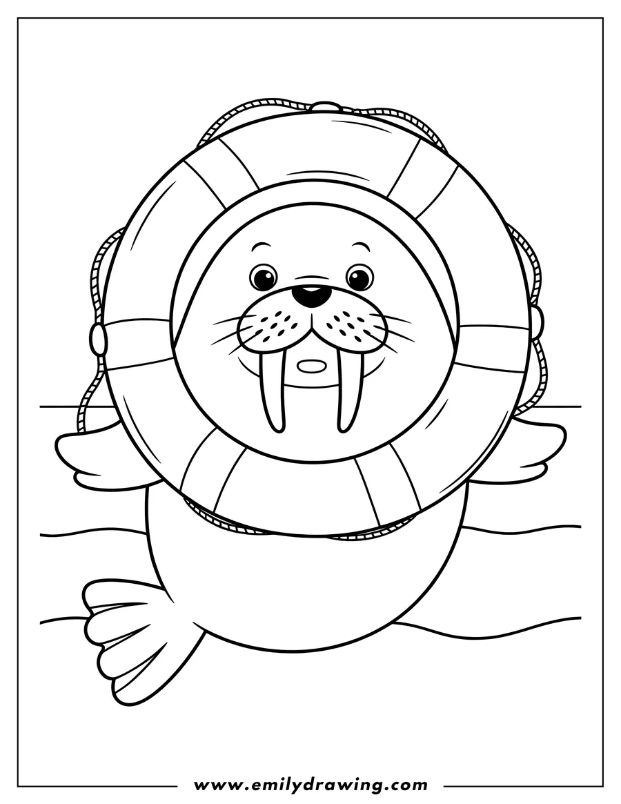 Line art of a walrus wearing a life preserver in the water.