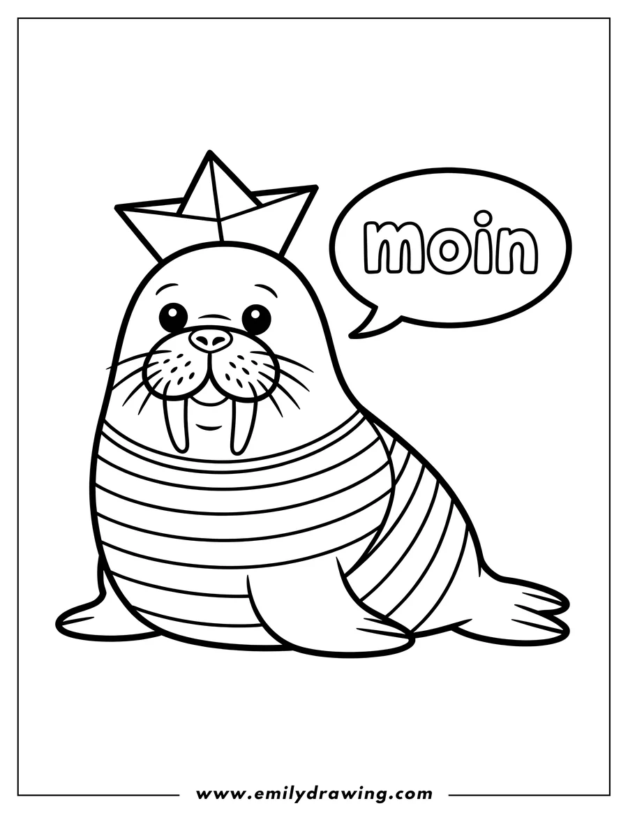 Line art of a walrus wearing a paper hat and striped shirt.