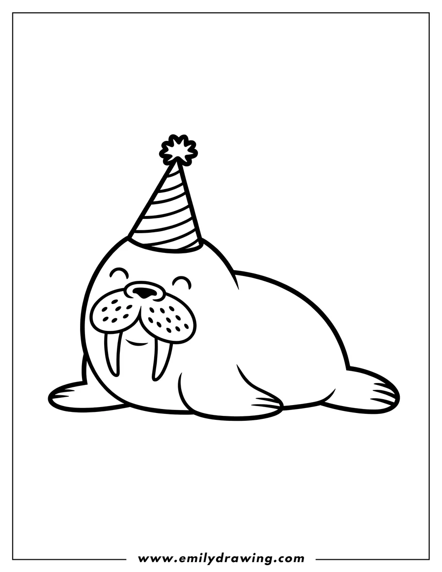 Line art of a walrus wearing a party hat.