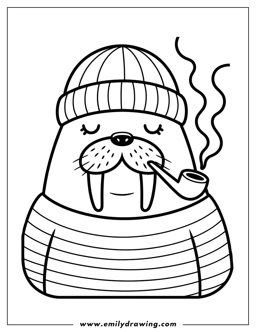 Outline of a walrus wearing a striped shirt and hat, smoking a pipe.