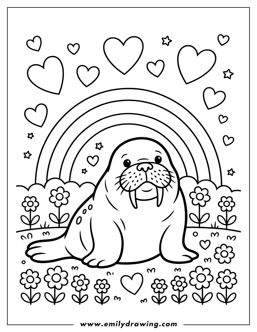 Outline of a walrus sitting in a field of flowers with a rainbow and hearts above it.