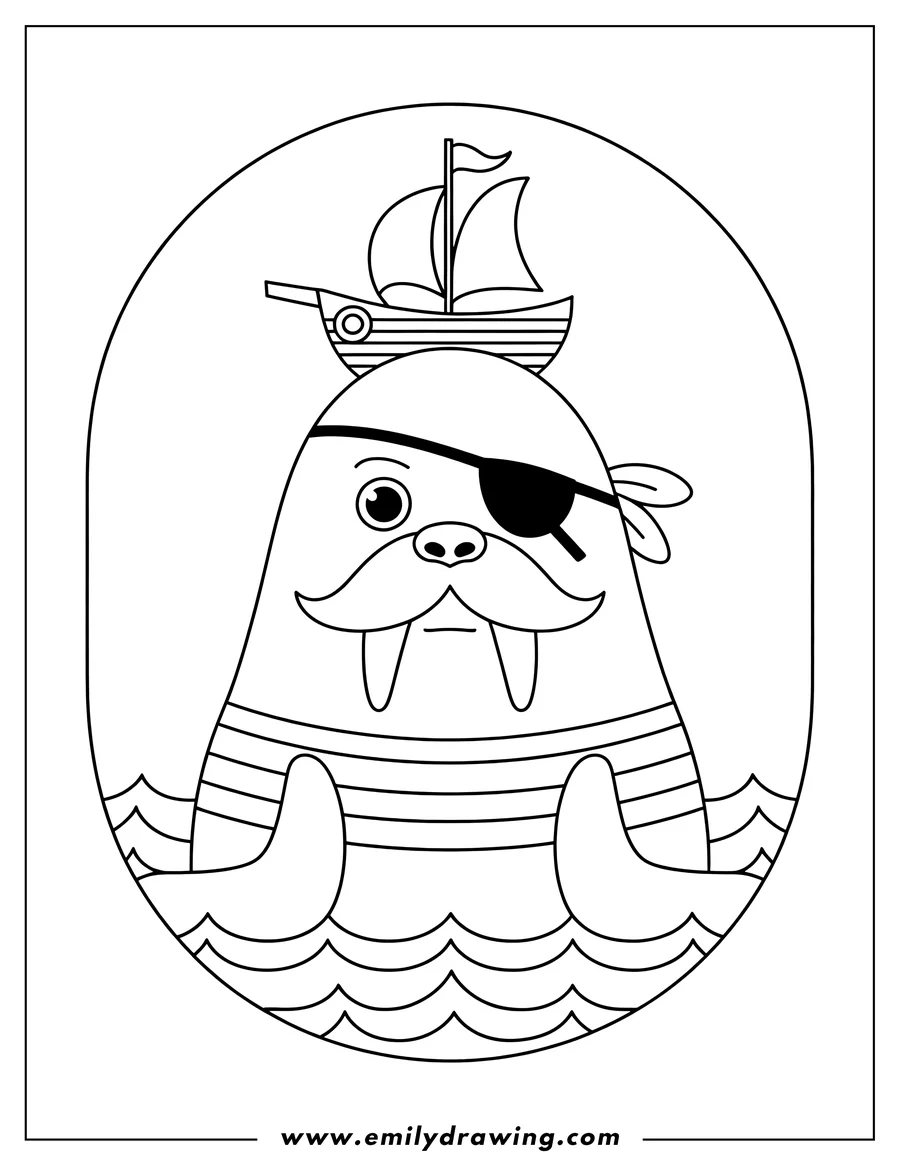 Line art of a walrus wearing a striped shirt and an eye patch, with a small toy sailboat balanced on its head, floating in the water.