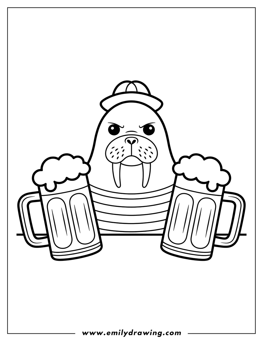 Line art of a walrus wearing a cap and holding two large beer mugs.