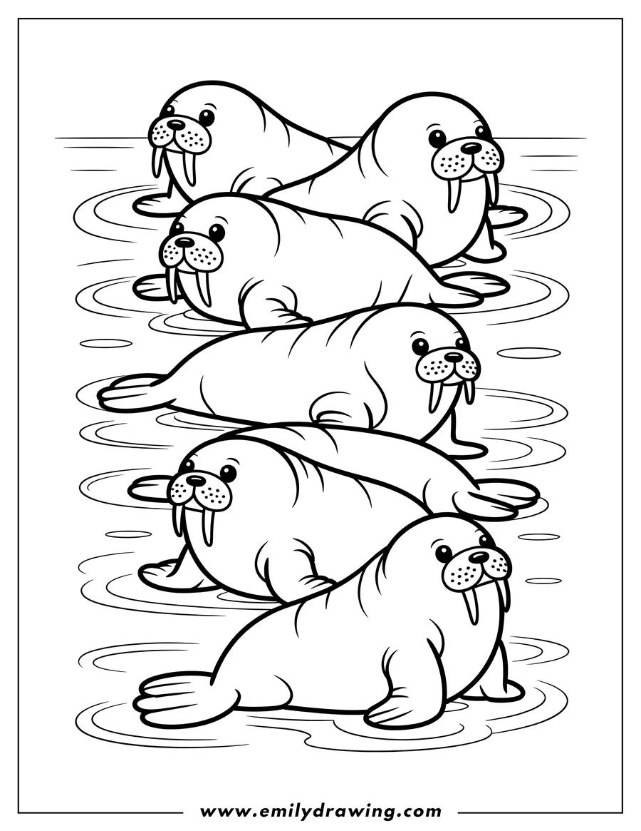 Five walruses standing in shallow water.