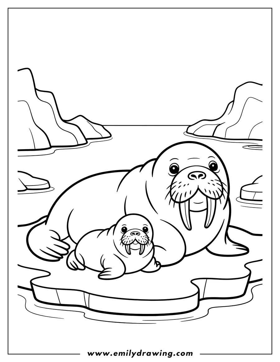 Line art of two walruses, one large and one small, resting on an ice floe in the water. There are icy mountains in the background.