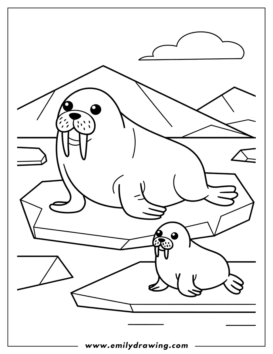 Line art of two walruses, an adult and a baby, resting on separate ice floes in a simple arctic landscape.