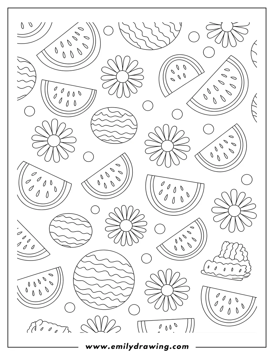 Outline of watermelon slices, whole watermelons, flowers, and circles.