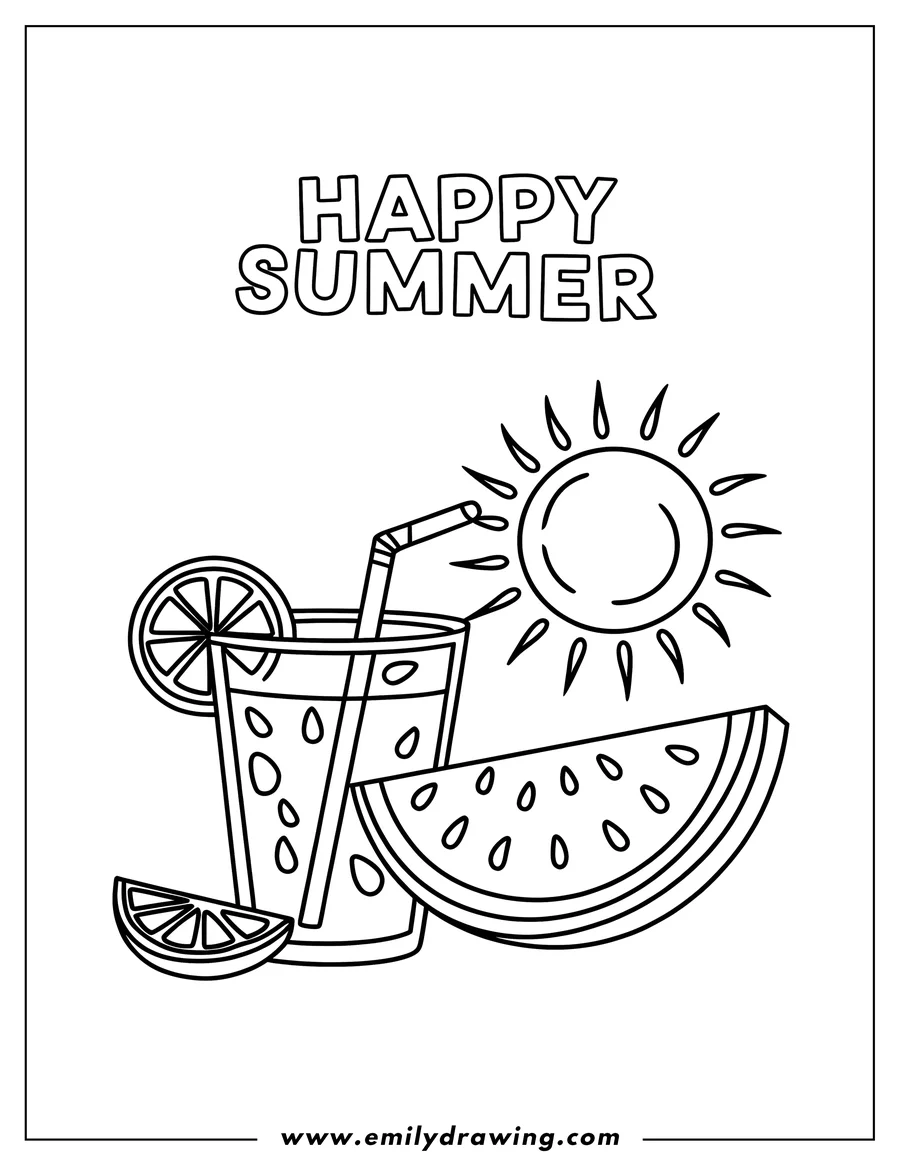 Line art of a glass of lemonade with lemon slices and a watermelon slice under the summer sun.