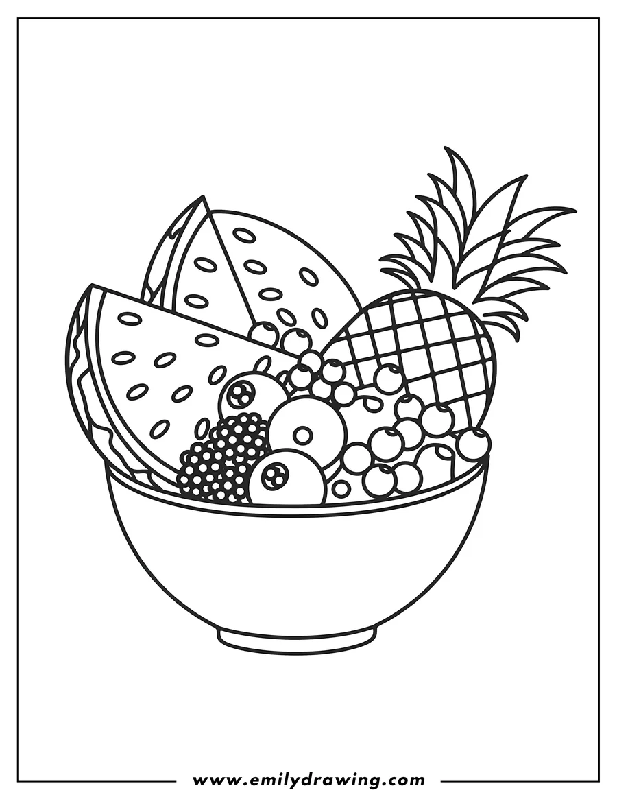 Outline of a bowl filled with watermelon slices, a pineapple, and various berries.