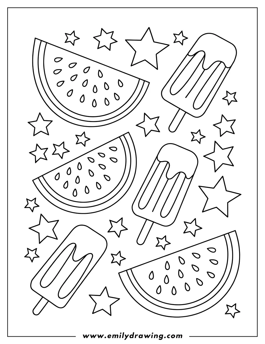 Line art of watermelon slices and popsicles with stars.
