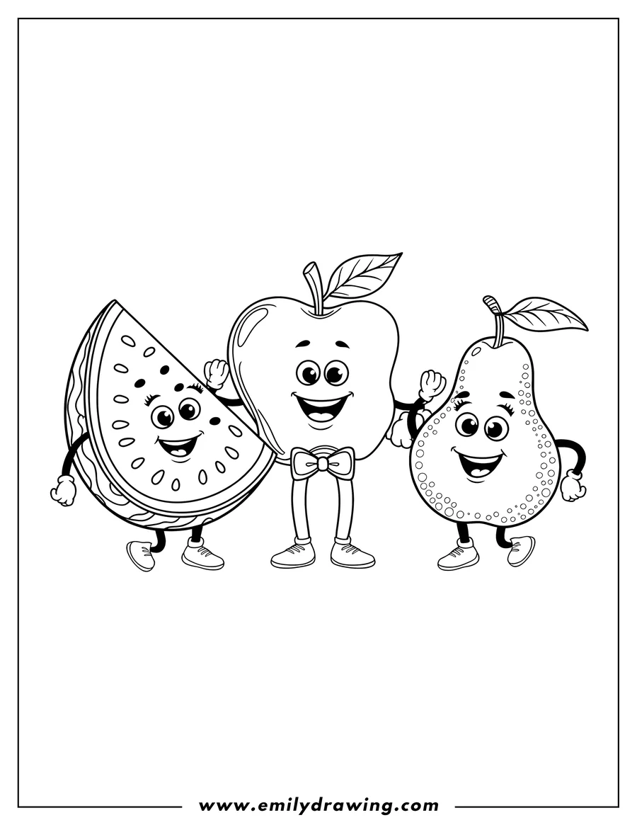 Line art of a watermelon slice, an apple wearing a bow tie, and a pear, all with happy expressions.