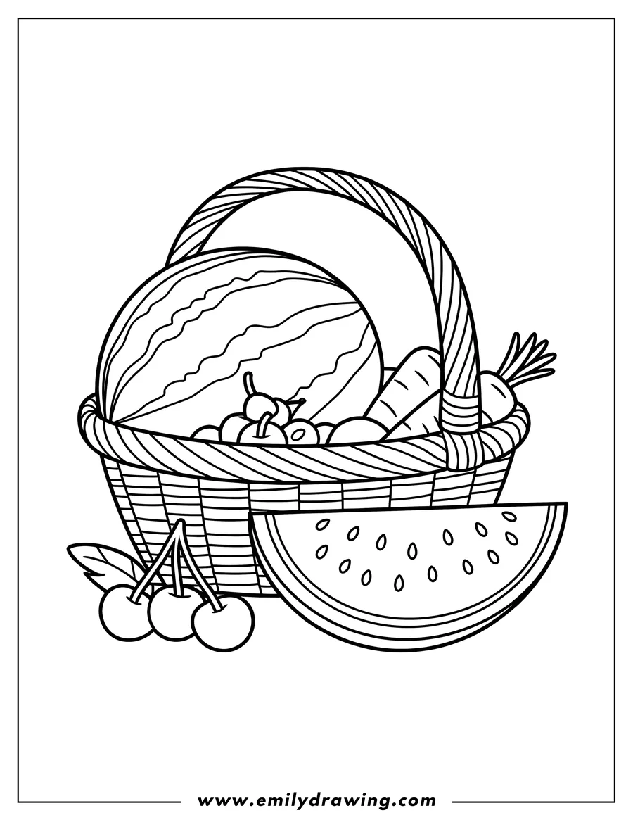 Outline of a basket filled with a whole watermelon, cherries, and carrots, with a watermelon slice and two cherries beside it.
