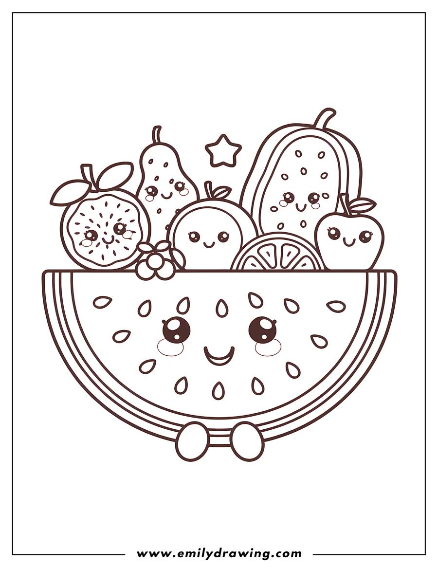 Outline of a smiling watermelon slice filled with various fruits like an apple, pear, orange, kiwi, and a small star.