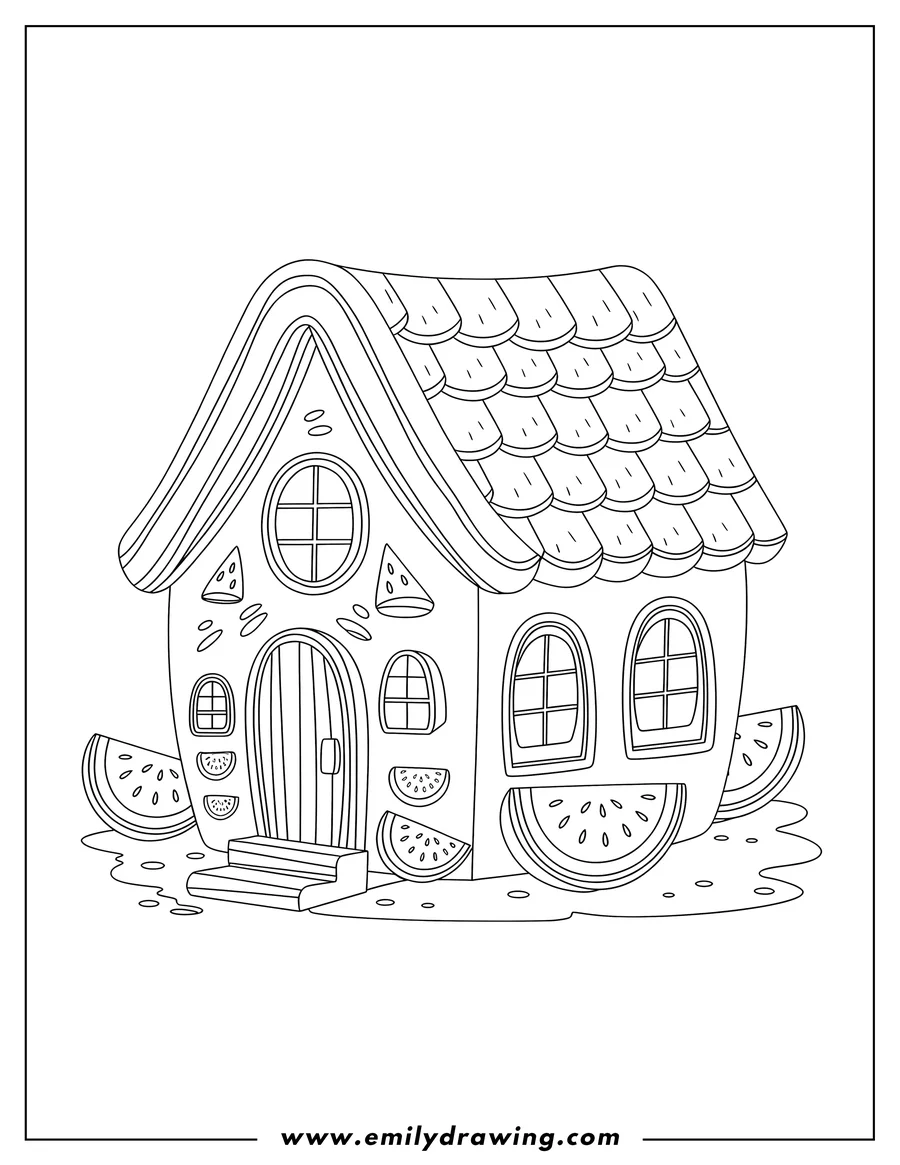 Line art of a whimsical house made of watermelon slices, with a rind roof and watermelon details.