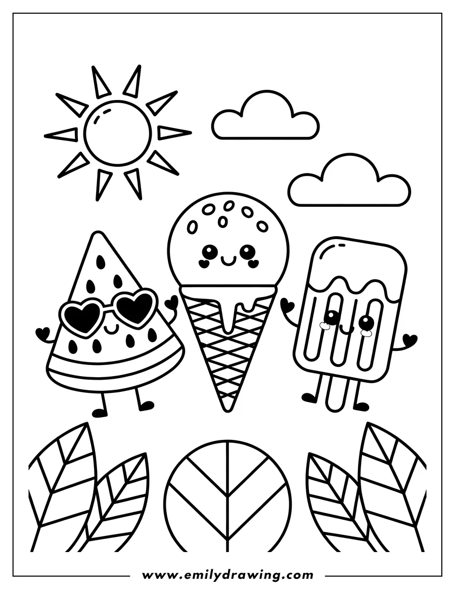Outline of a watermelon slice wearing heart-shaped sunglasses, an ice cream cone, and a popsicle, with a sun, clouds, and leaves in the background.