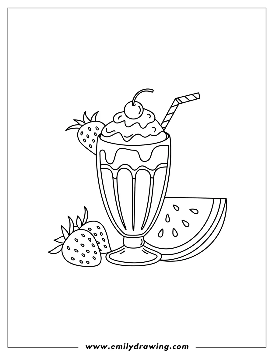 Line art of a milkshake with whipped cream and a cherry, two strawberries, and a slice of watermelon.