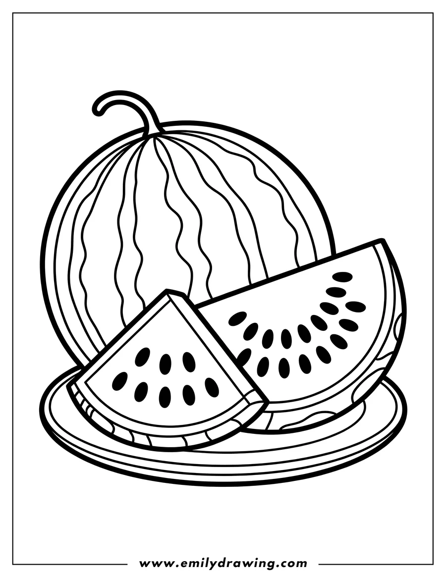 Outline of a whole watermelon and two slices on a plate