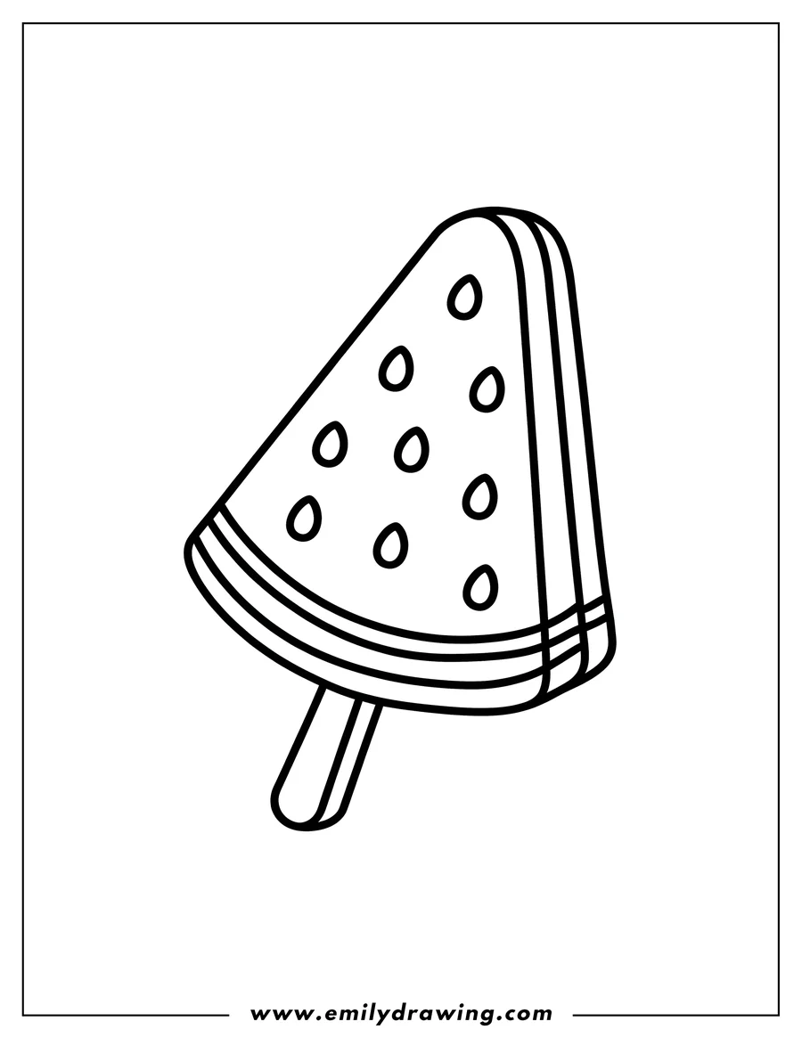 Outline of a watermelon popsicle with seeds and a stick.