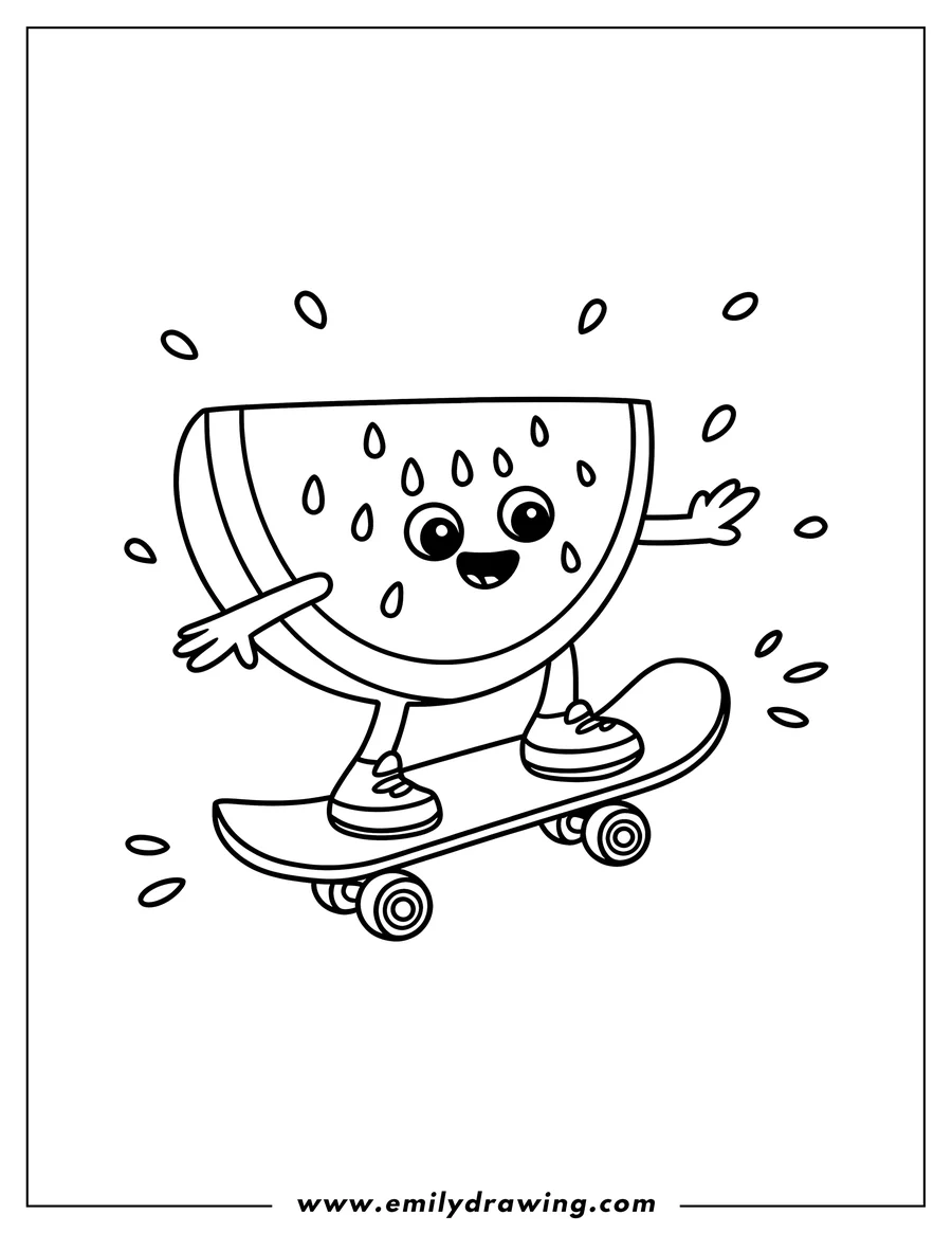 Line art of a smiling watermelon slice riding a skateboard.