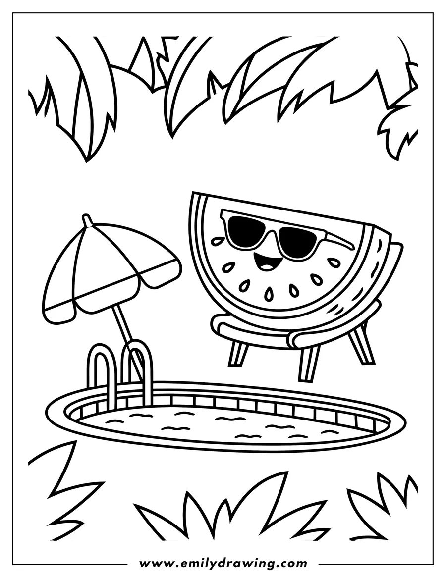 Outline of a smiling watermelon slice wearing sunglasses, sitting in a lounge chair beside a small pool, with a beach umbrella, palm trees, and grass.