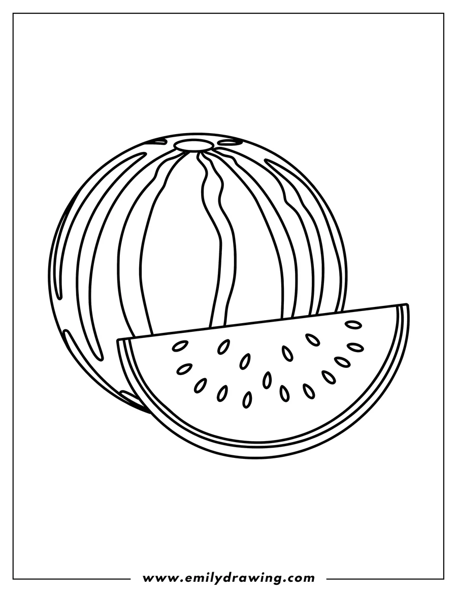 Outline of a whole watermelon and a slice of watermelon with seeds.