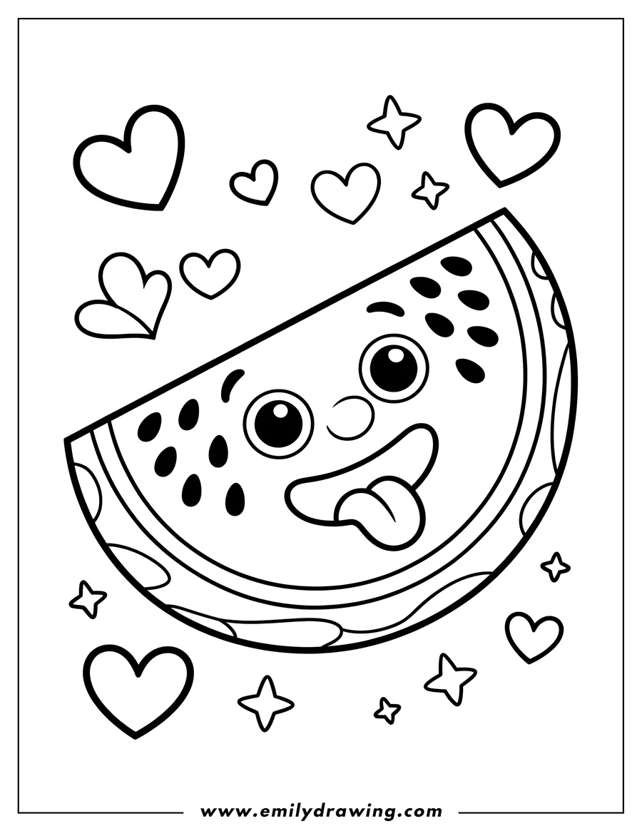 Line art of a watermelon slice with a funny, playful face and its tongue sticking out, surrounded by hearts and stars.