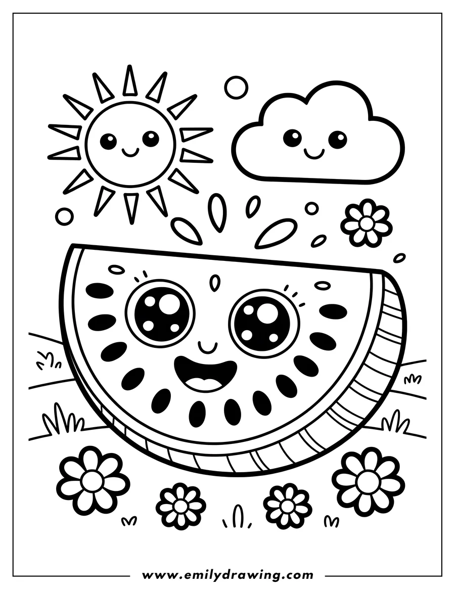 Line art of a happy watermelon slice with seeds and rind, a smiling sun, and a smiling cloud. Three simple flowers grow near the watermelon. This drawing creates a cheerful summer theme.