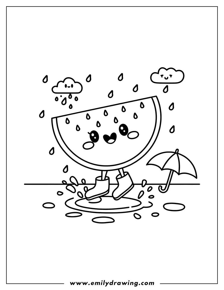 Outline of a happy watermelon slice wearing rain boots and jumping in puddles. An umbrella stands to the side. Raindrops and smiling clouds complete the scene.