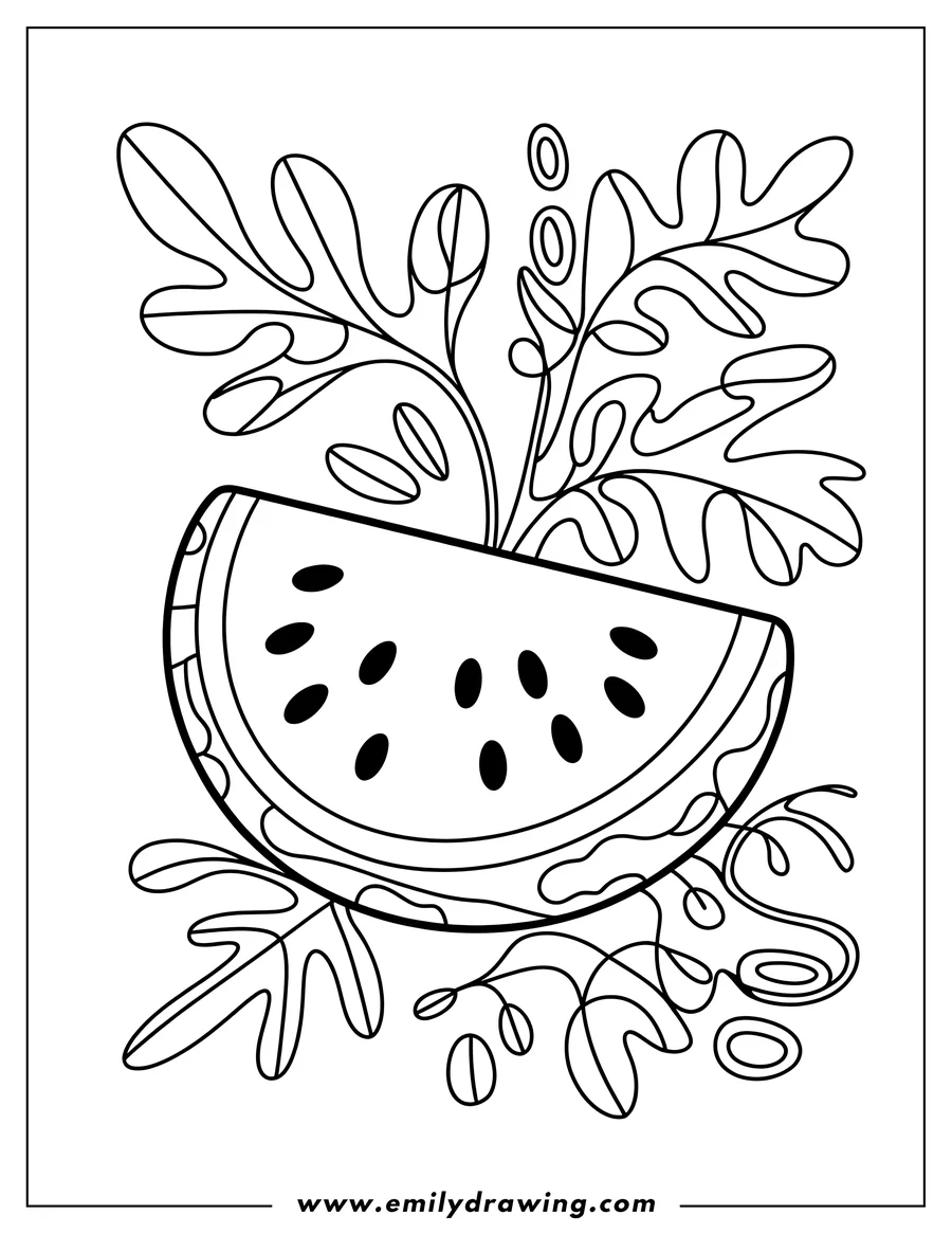 Outline of a watermelon slice with decorative leaves and seeds.
