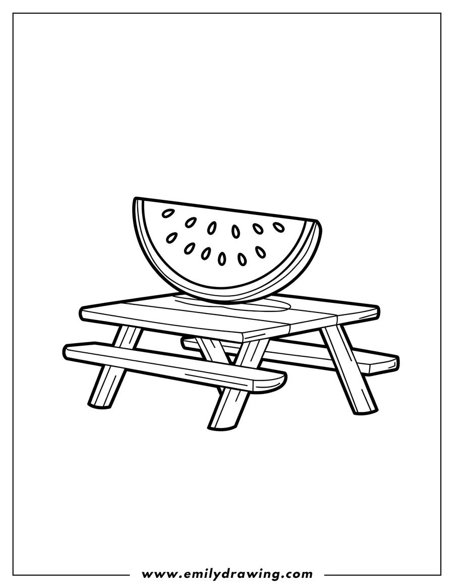 Outline of a watermelon slice on a picnic table