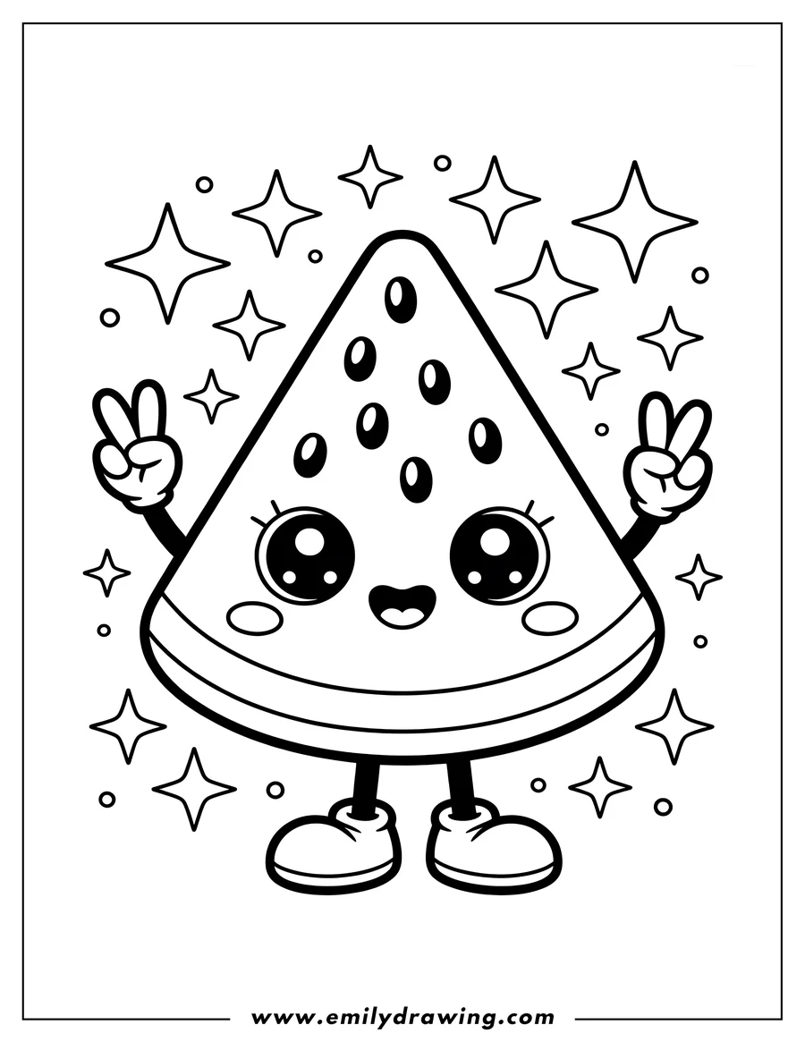 Outline of a kawaii-style watermelon slice making peace signs with both hands, surrounded by sparkling stars.